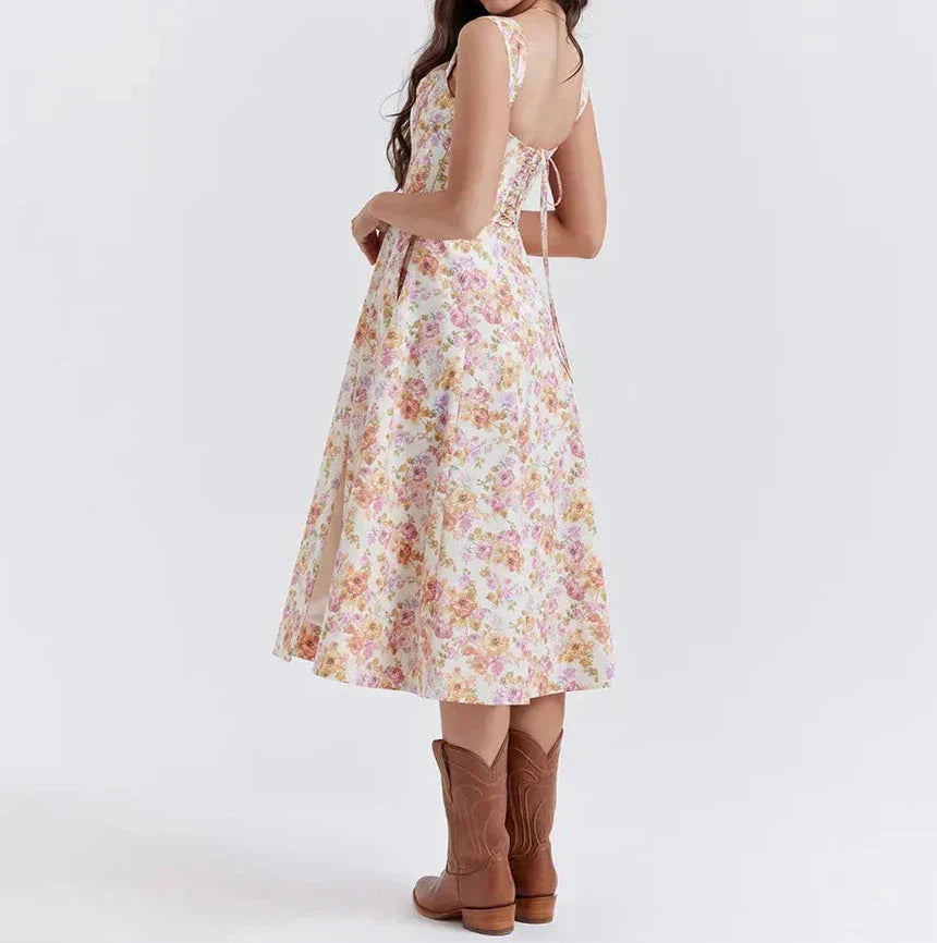 Floral Print Fitted Corset Midi Dress