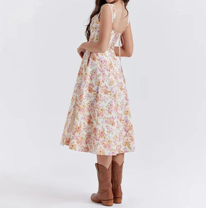 Women’s Corset Midi Dress – Floral Print – Fitted Bodice – Wide Straps – Side Slit