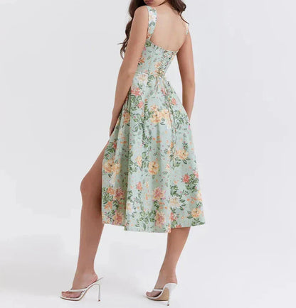 Women’s Corset Midi Dress – Floral Print – Fitted Bodice – Wide Straps – Side Slit