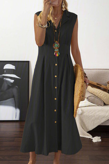 Women's Sleeveless Midi Dress - Button-Down - Collared Neckline - Flowy Elegant Fit