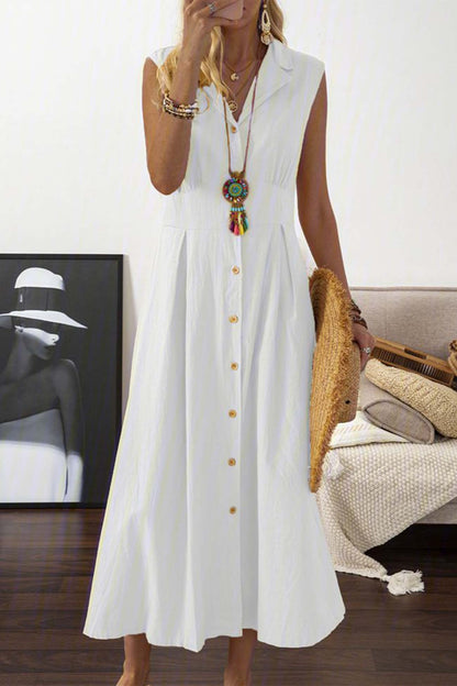 Women's Sleeveless Midi Dress - Button-Down - Collared Neckline - Flowy Elegant Fit