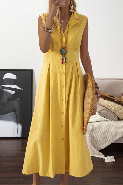 Women's Sleeveless Midi Dress - Button-Down - Collared Neckline - Flowy Elegant Fit