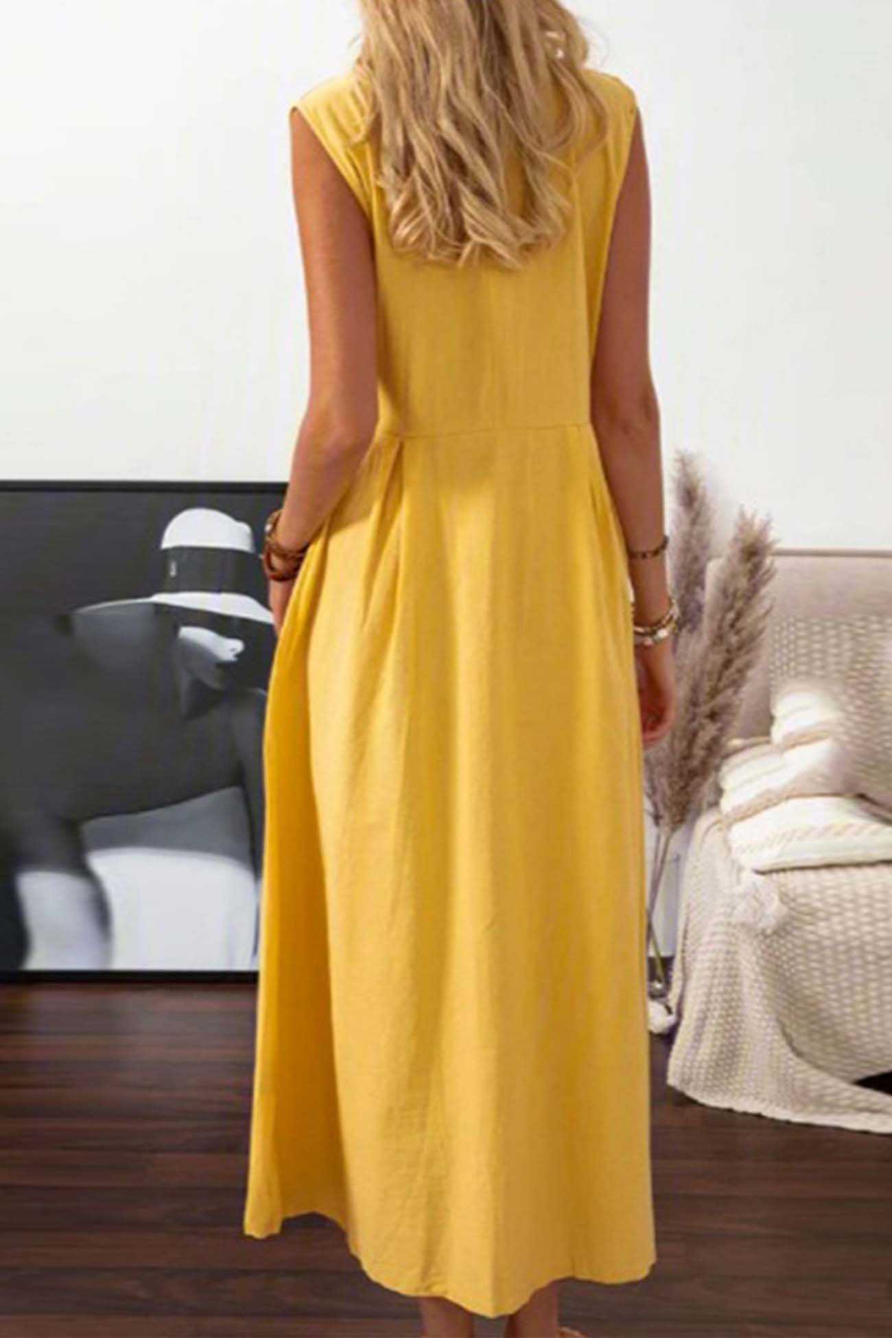 Women's Sleeveless Midi Dress - Button-Down - Collared Neckline - Flowy Elegant Fit