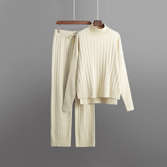 Ribbed Collar Pullover Two-Piece Suit