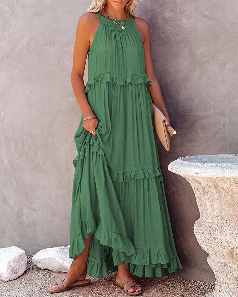 Women's Maxi Dress - Sleeveless Halter Neck - Flowy Relaxed Fit - Ruffled Detailing