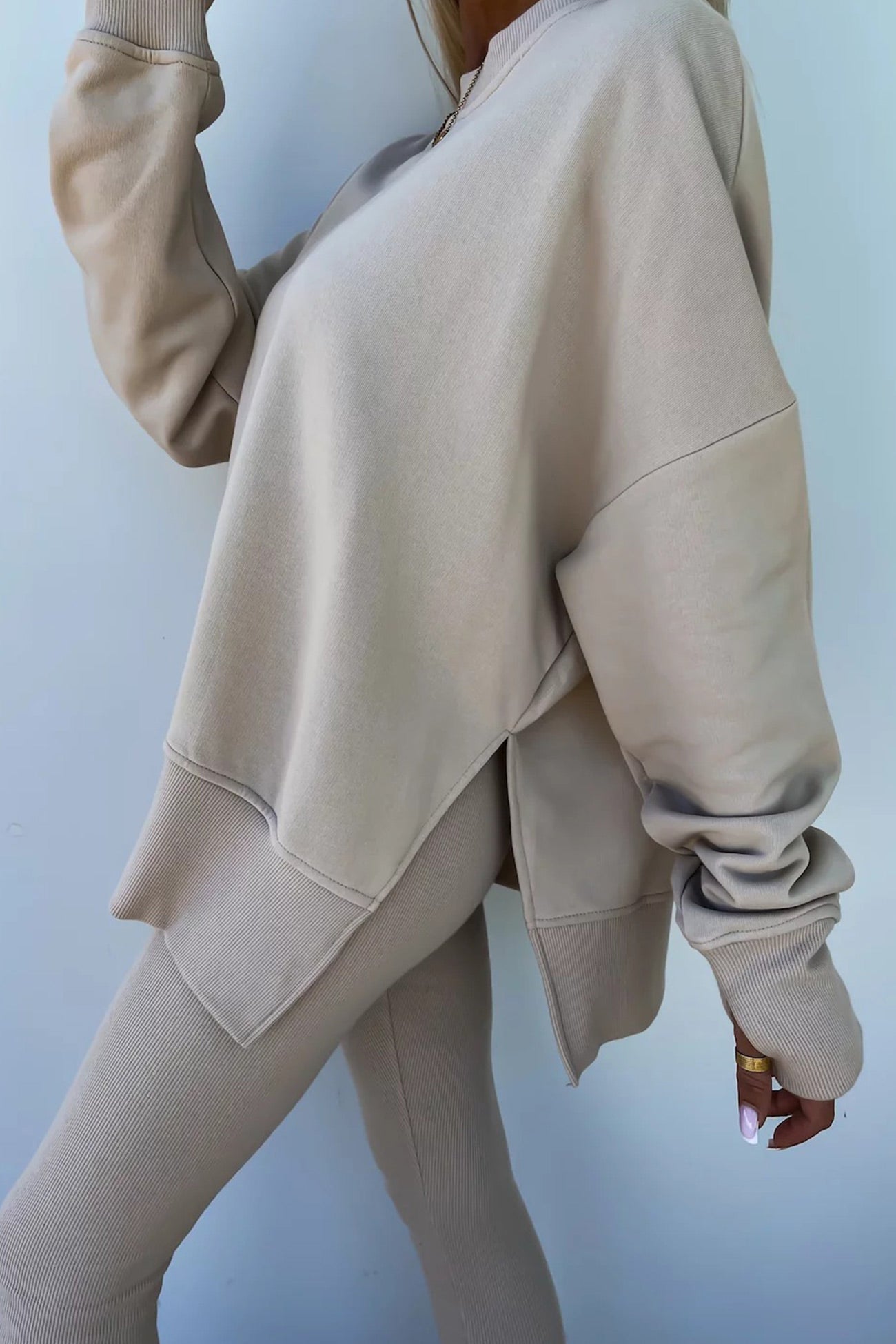 Women's spring round neck sweatshirt with side slit and leggings set