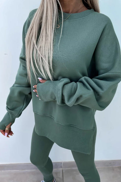 Women's spring round neck sweatshirt with side slit and leggings set