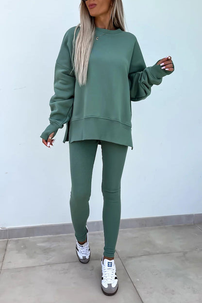 Women's spring round neck sweatshirt with side slit and leggings set