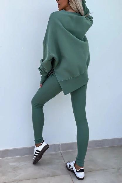 Women's spring round neck sweatshirt with side slit and leggings set