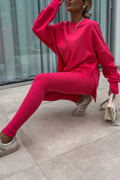Women's spring round neck sweatshirt with side slit and leggings set