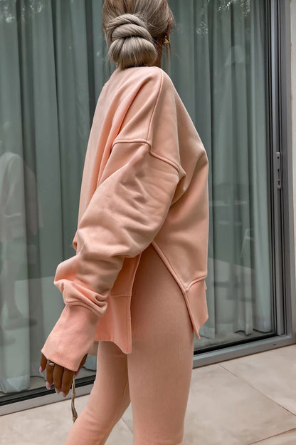 Women's spring round neck sweatshirt with side slit and leggings set