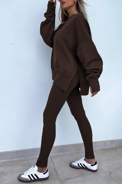Women's spring round neck sweatshirt with side slit and leggings set