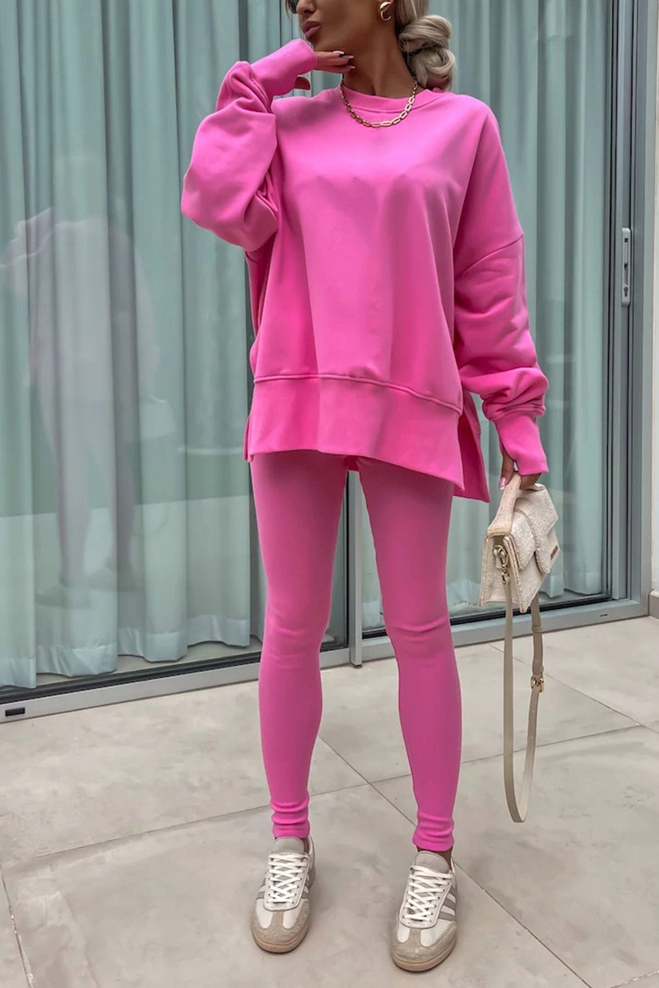 Women's spring round neck sweatshirt with side slit and leggings set