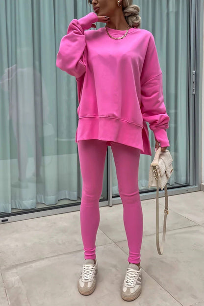 Women's spring round neck sweatshirt with side slit and leggings set