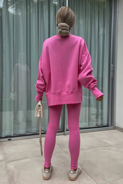Women's spring round neck sweatshirt with side slit and leggings set