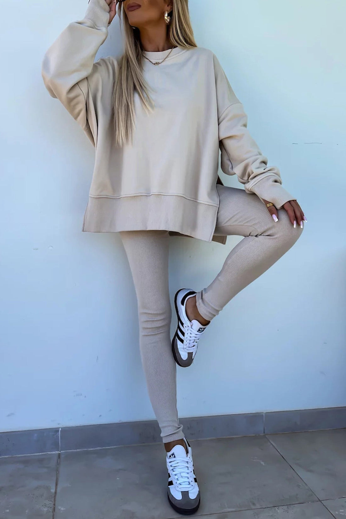 Women's spring round neck sweatshirt with side slit and leggings set