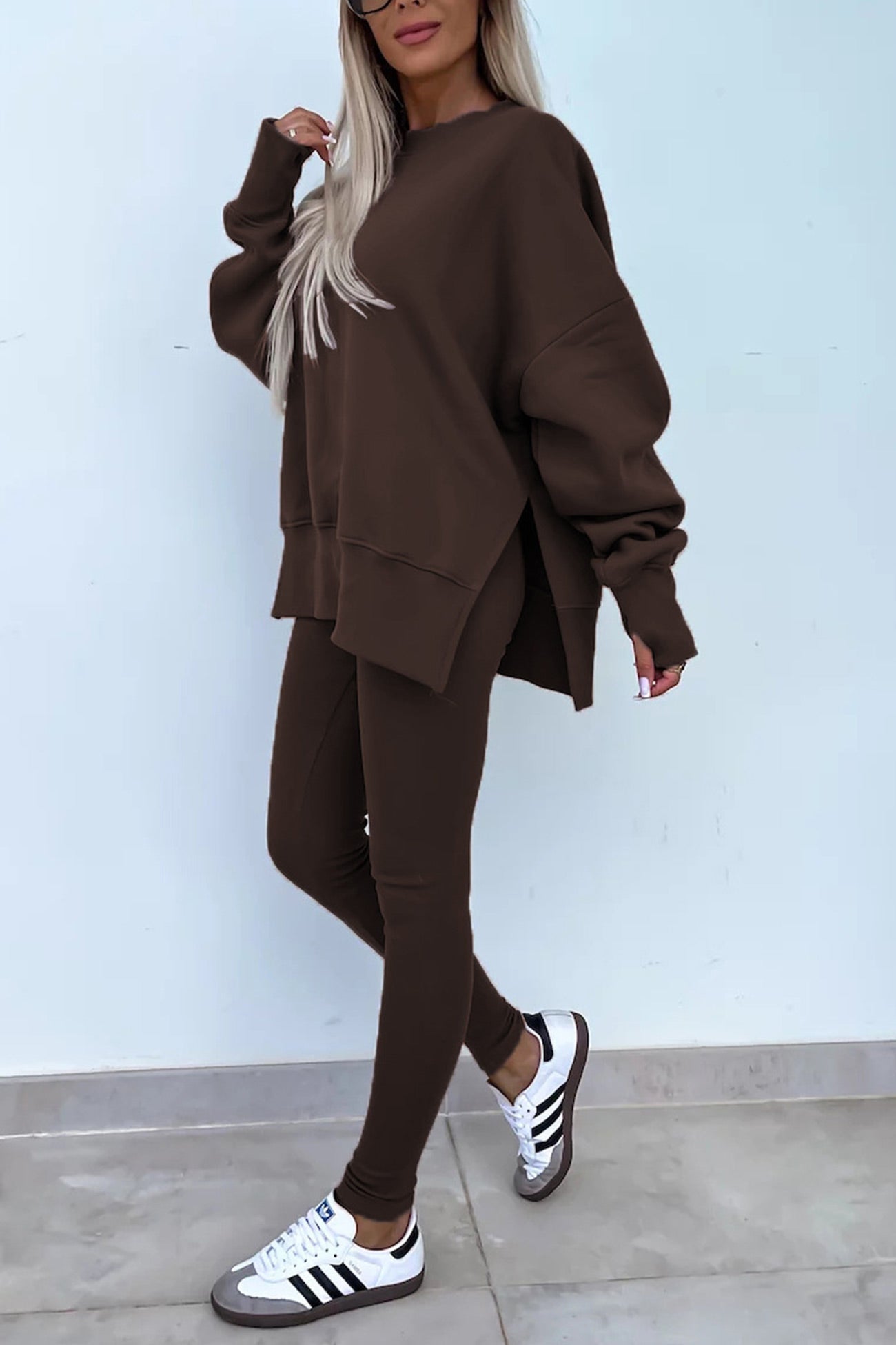 Women's spring round neck sweatshirt with side slit and leggings set