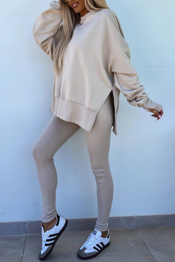 Women's spring round neck sweatshirt with side slit and leggings set