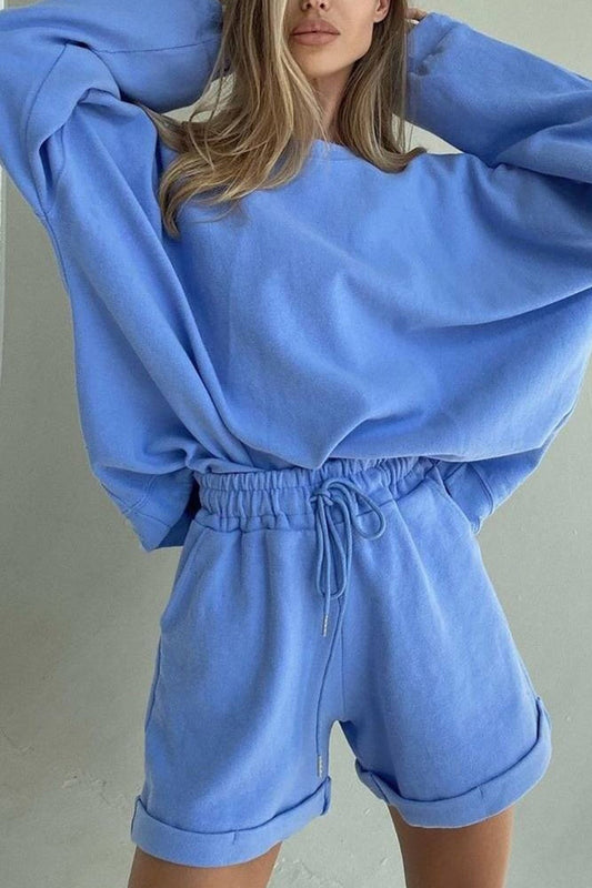 Drawstring Crew Neck Sweatshirt and Shorts Set
