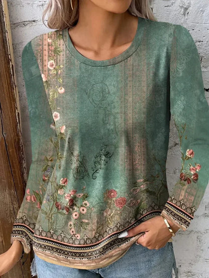 Women's Long-Sleeve Casual Top - Relaxed Fit - Floral Pattern - Round Neck