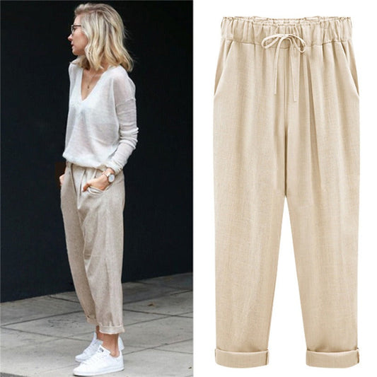 Loose Fit Linen Elastic Waist Pants
