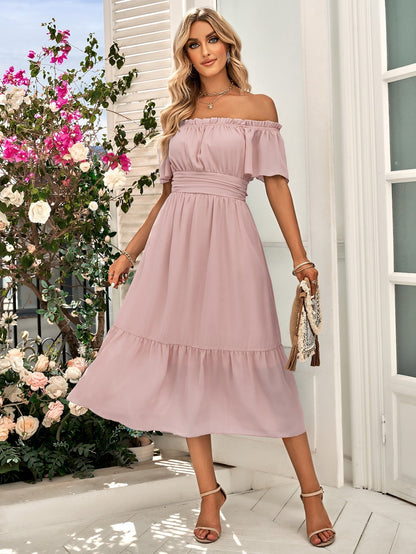Women's Off-Shoulder Dress - Cinched Waist - Ruffled Hem - Lightweight Elegant Fit