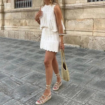 Women’s Sleeveless Knit Dress - Textured Open-Knit Top - Flared Skirt - Ruffled Hem