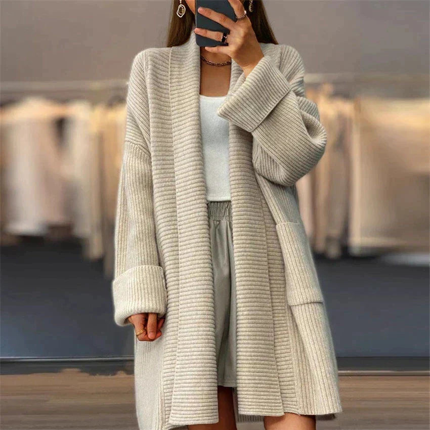 Women's loose lapel knitted knee-length cardigan