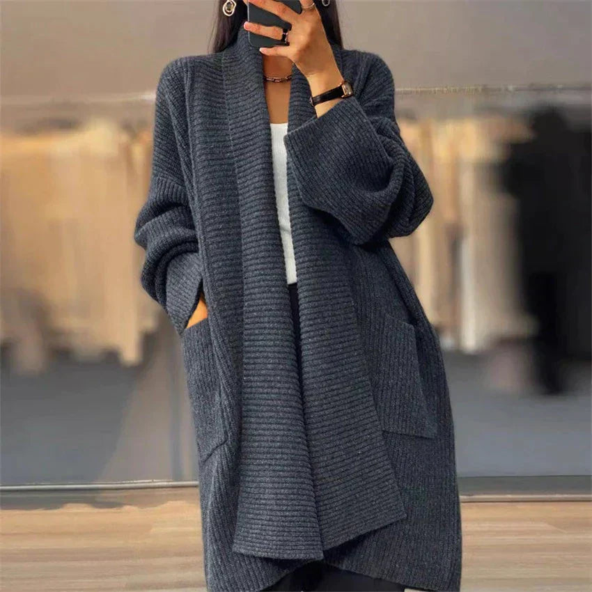 Women's loose lapel knitted knee-length cardigan