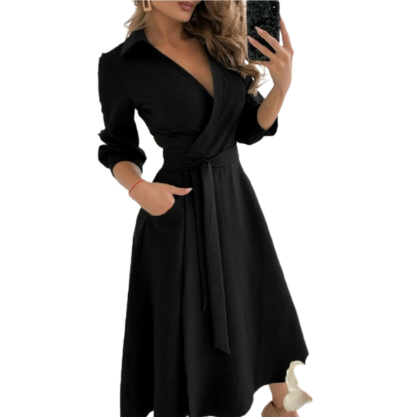 Women’s Wrap Dress - V-Neck - Fitted Waist with Tie - A-Line Silhouette - 3/4 Sleeve