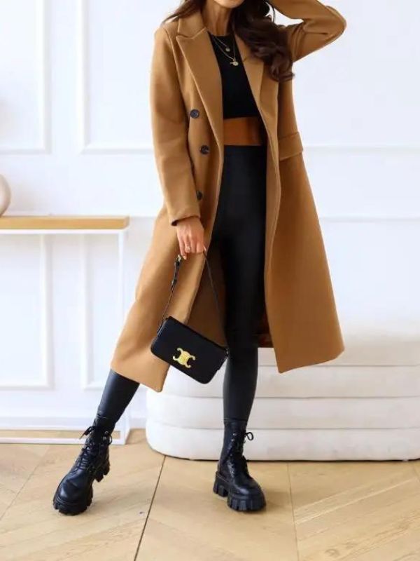 Women's double-breasted autumn winter coat with lapel