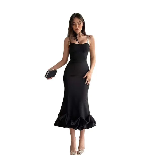 Women's Midi Bodycon Dress - Spaghetti Straps - Sweetheart Neckline - Fishtail Hem