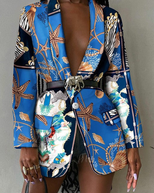 Fashion printed shawl collar single-breasted belted blazer for women