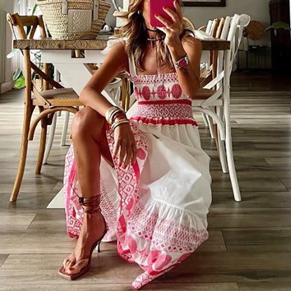 Women's Maxi Dress - Sleeveless Smocked Waist - Embroidered Boho Style
