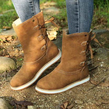 Women's Mid-Calf Boots - Suede Material - Lace-Up Detail - Flat Rubber Sole