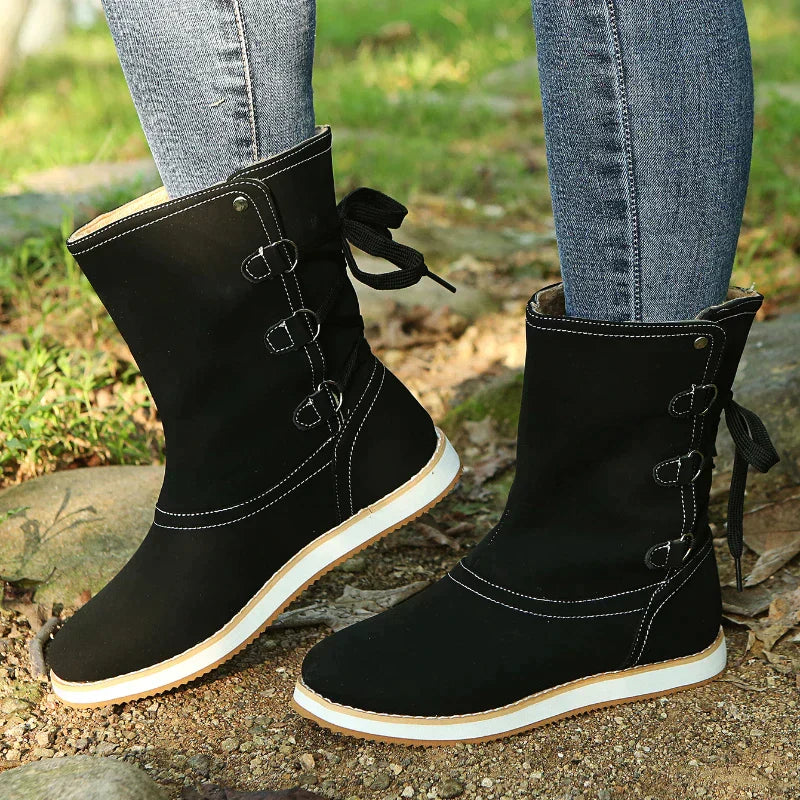 Women's Mid-Calf Boots - Suede Material - Lace-Up Detail - Flat Rubber Sole