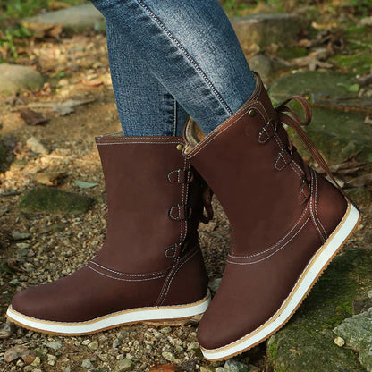 Women's Mid-Calf Boots - Suede Material - Lace-Up Detail - Flat Rubber Sole