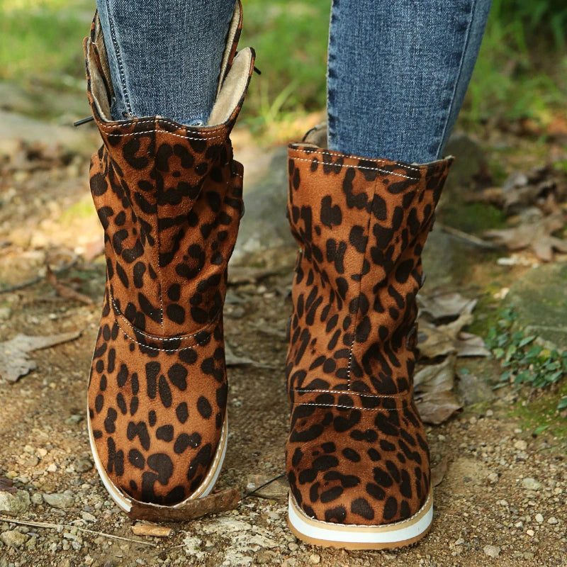 Women's Mid-Calf Boots - Suede Material - Lace-Up Detail - Flat Rubber Sole