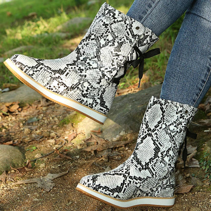 Women's Mid-Calf Boots - Suede Material - Lace-Up Detail - Flat Rubber Sole