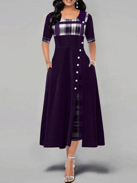 Vintage Plaid Half Sleeve Maxi Dress