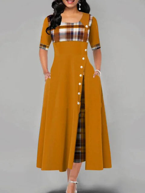 Vintage Plaid Half Sleeve Maxi Dress