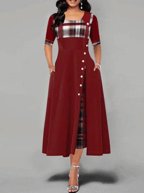 Women's Vintage Plaid Maxi Dress with Half Sleeves