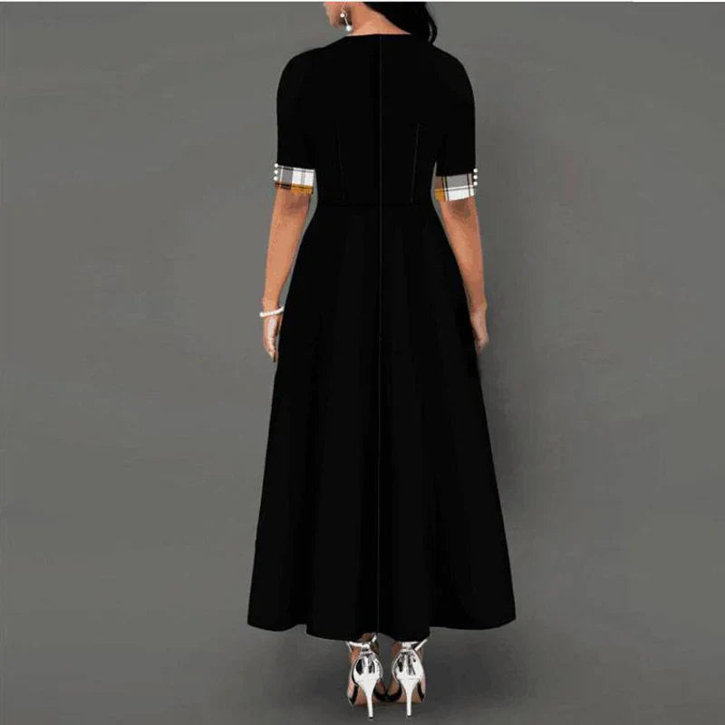 Women's Vintage Plaid Maxi Dress with Half Sleeves