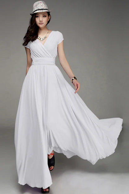 Women's Summer Boho Maxi Dress with Short Sleeves and Deep V-Neck