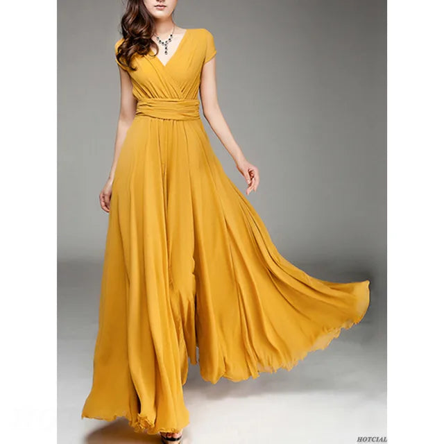Women's Summer Boho Maxi Dress with Short Sleeves and Deep V-Neck