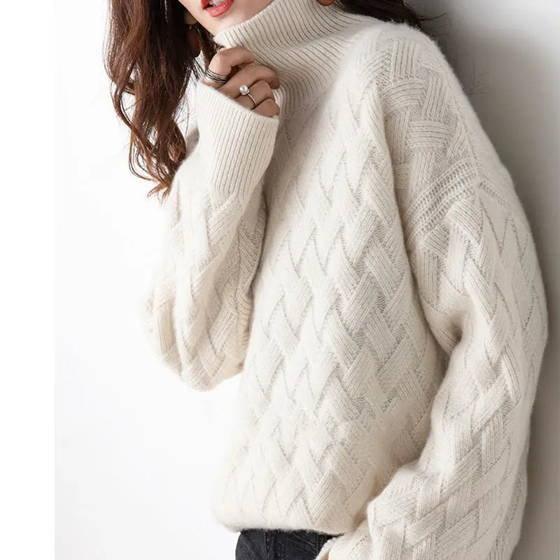 Women's elegant chic high-neck cable knit sweater