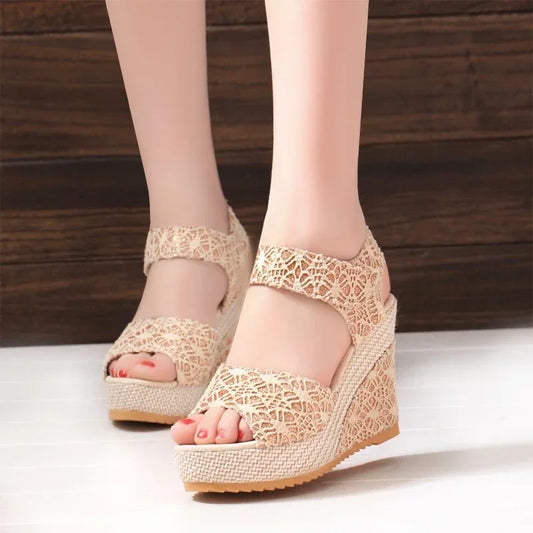 Lace Overlay Platform Wedge Sandals