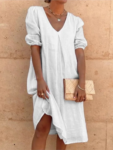 Women’s Midi Dress – Relaxed Fit – V-Neck – Gathered Sleeves – Natural Fibers
