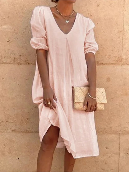 Women’s Midi Dress – Relaxed Fit – V-Neck – Gathered Sleeves – Natural Fibers