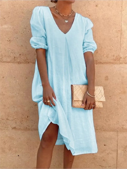 Women’s Midi Dress – Relaxed Fit – V-Neck – Gathered Sleeves – Natural Fibers